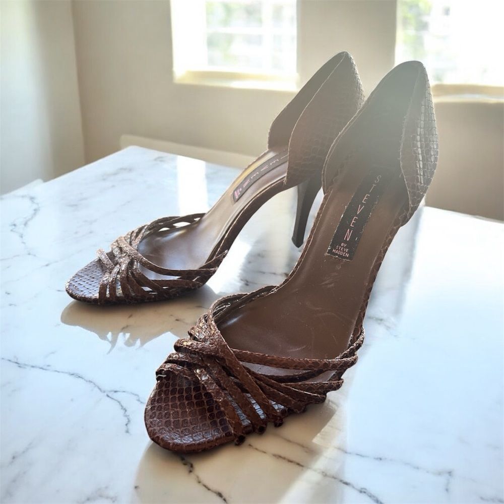 STEVEN by STEVE MADDEN SAHANA Brown Leather Designer Strappy Pumps 7.5 M
